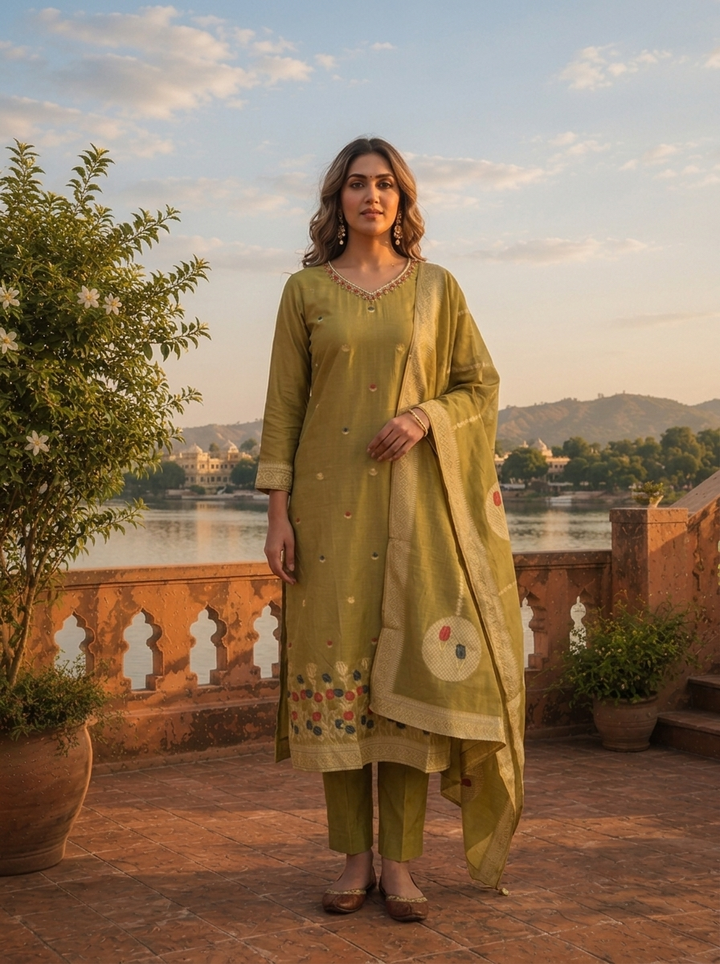 Mehadi Green Chanderi Silk Garden Floral Weaved Three Piece Set