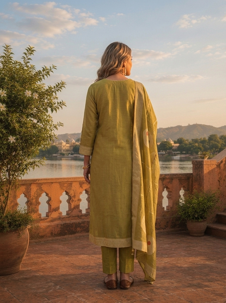 Mehadi Green Chanderi Silk Garden Floral Weaved Three Piece Set
