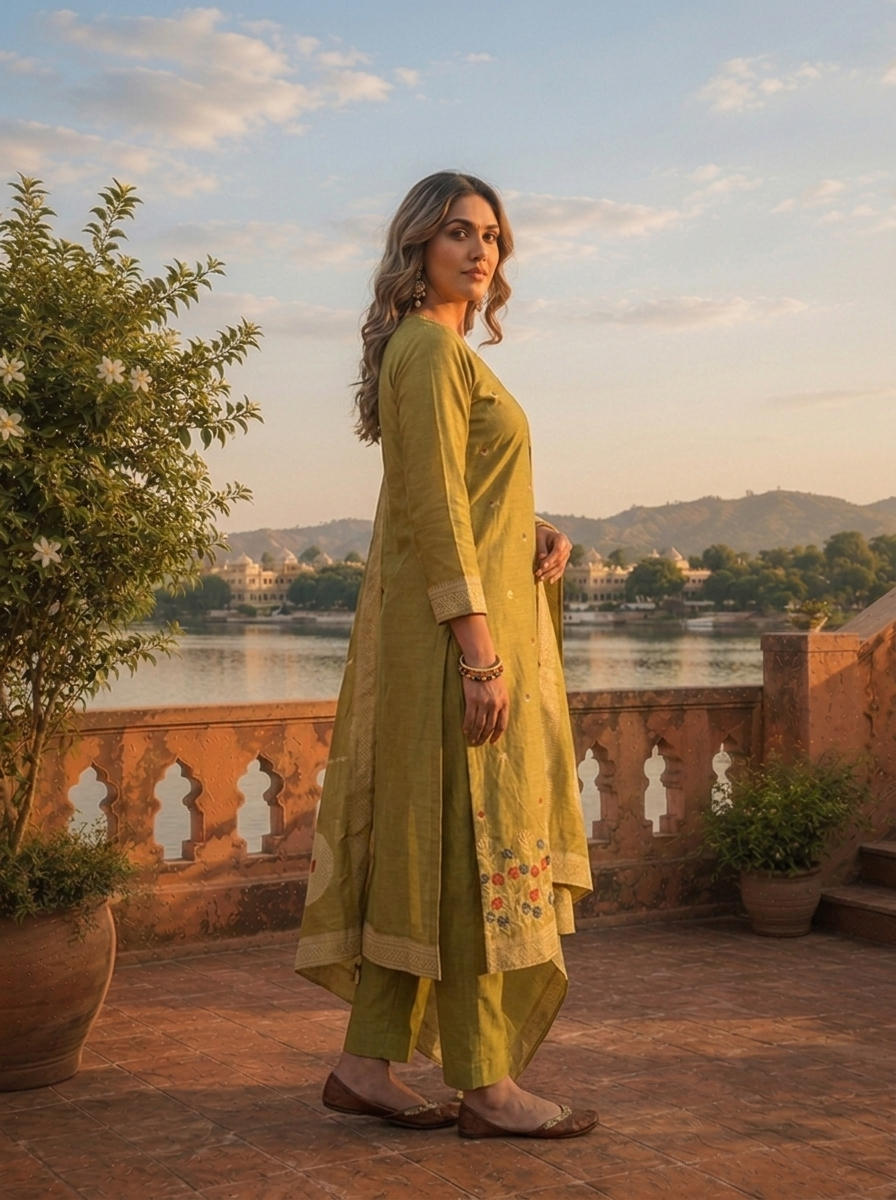 Mehadi Green Chanderi Silk Garden Floral Weaved Three Piece Set