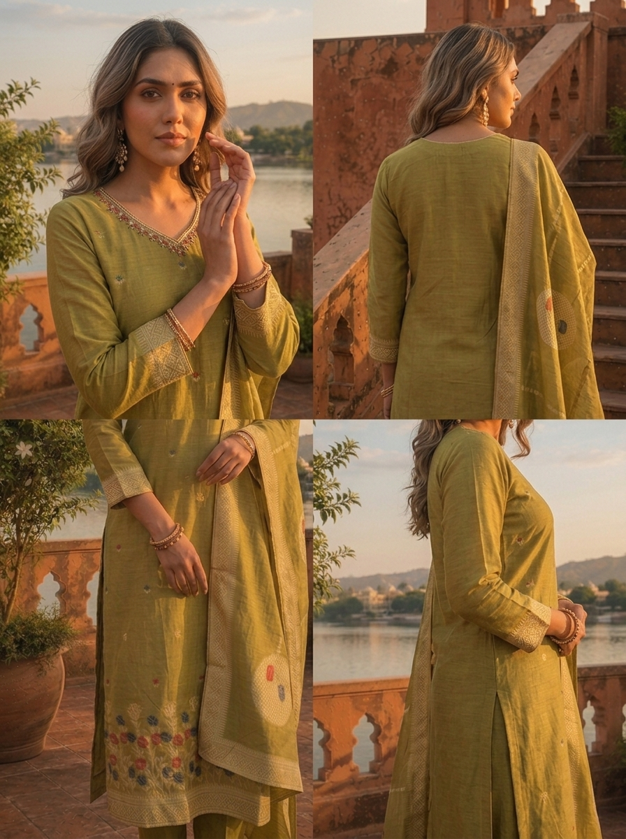 Mehadi Green Chanderi Silk Garden Floral Weaved Three Piece Set