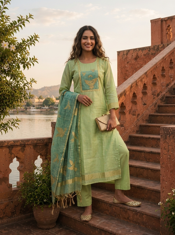 Pista Green Chanderi Silk Golden Bird Motifs Embroidered Three Piece Set