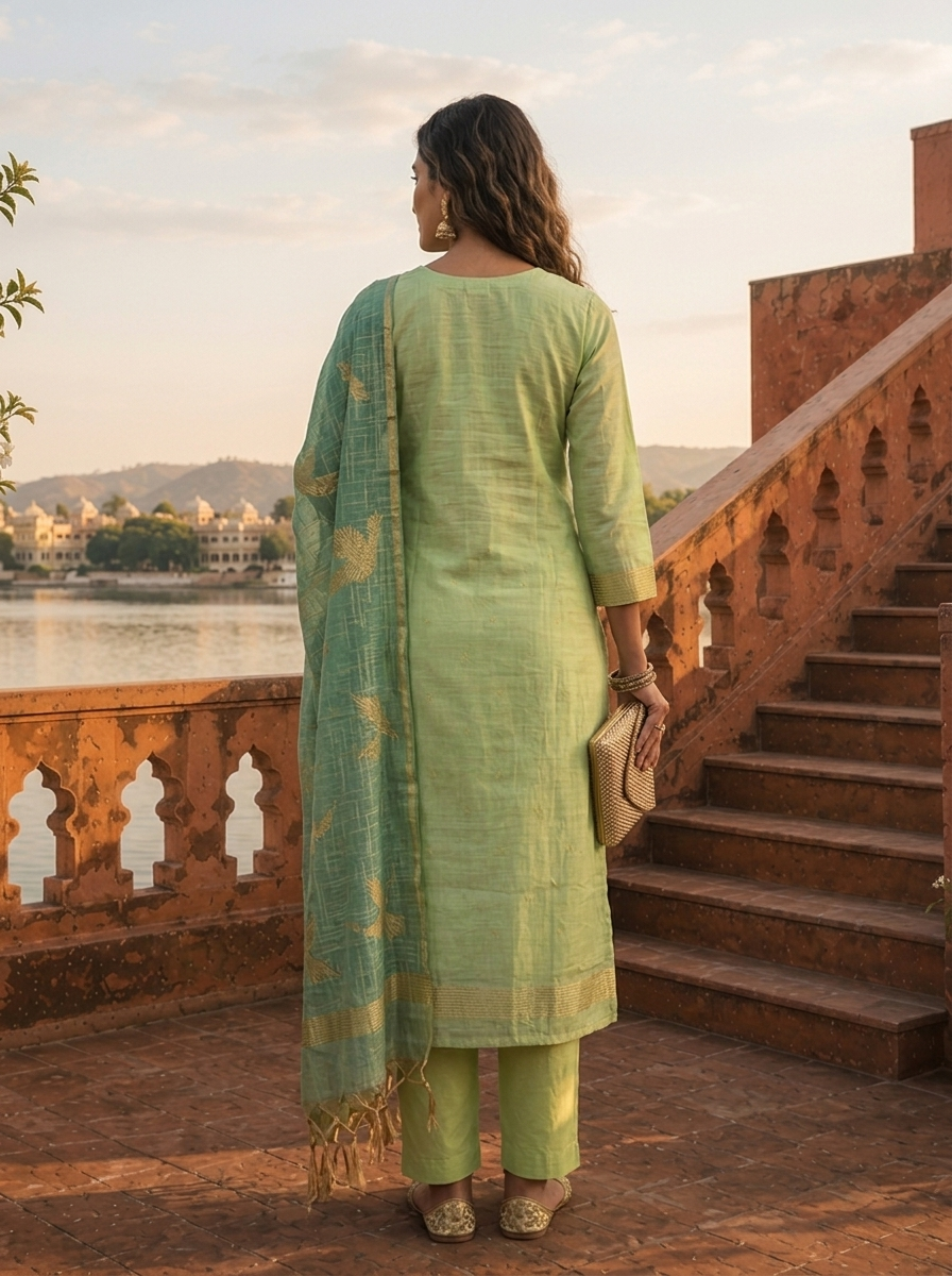 Pista Green Chanderi Silk Golden Bird Motifs Embroidered Three Piece Set
