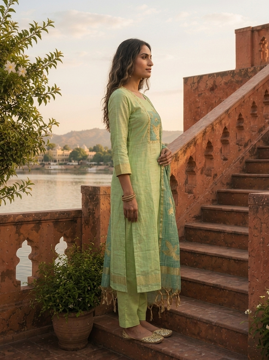 Pista Green Chanderi Silk Golden Bird Motifs Embroidered Three Piece Set