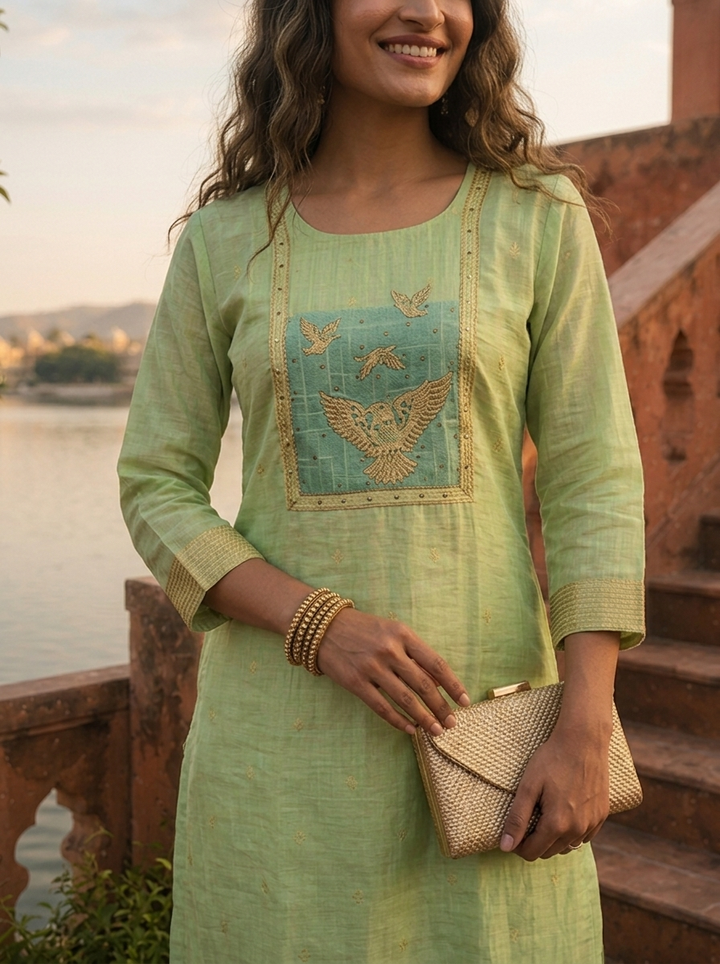Pista Green Chanderi Silk Golden Bird Motifs Embroidered Three Piece Set