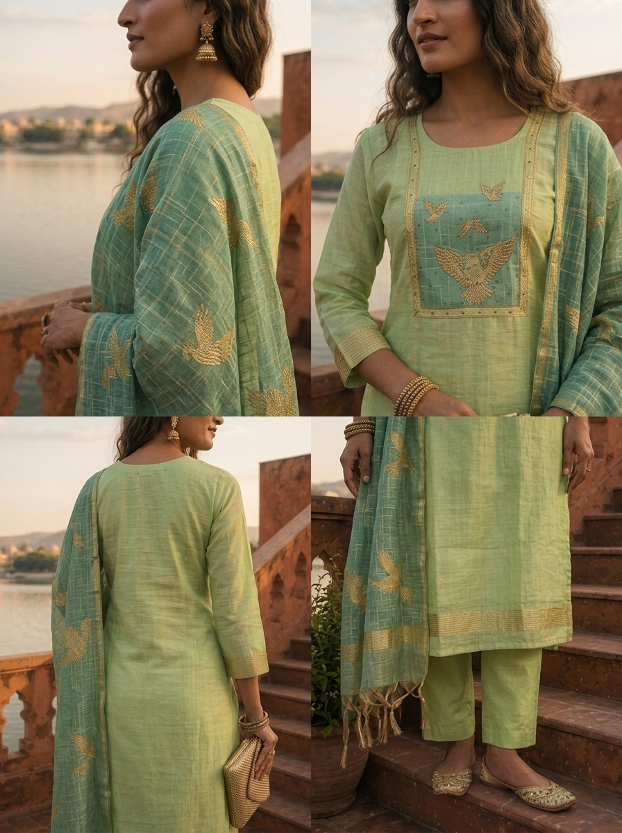 Pista Green Chanderi Silk Golden Bird Motifs Embroidered Three Piece Set