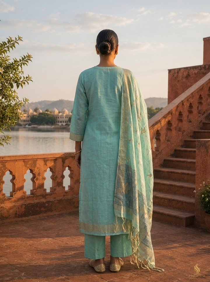 Ice Blue Chanderi Silk Golden Bird Motifs Embroidered Three Piece Set