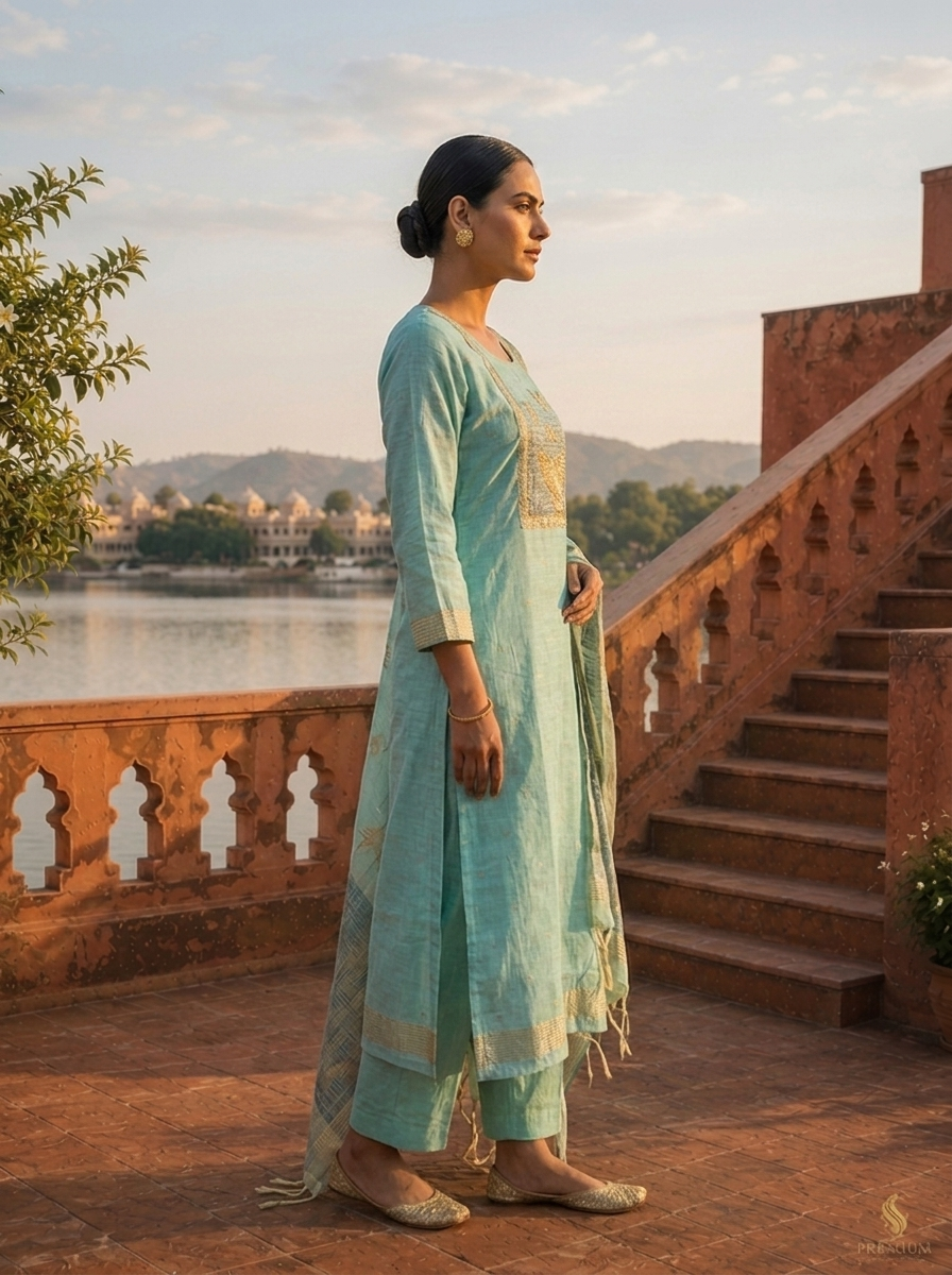 Ice Blue Chanderi Silk Golden Bird Motifs Embroidered Three Piece Set