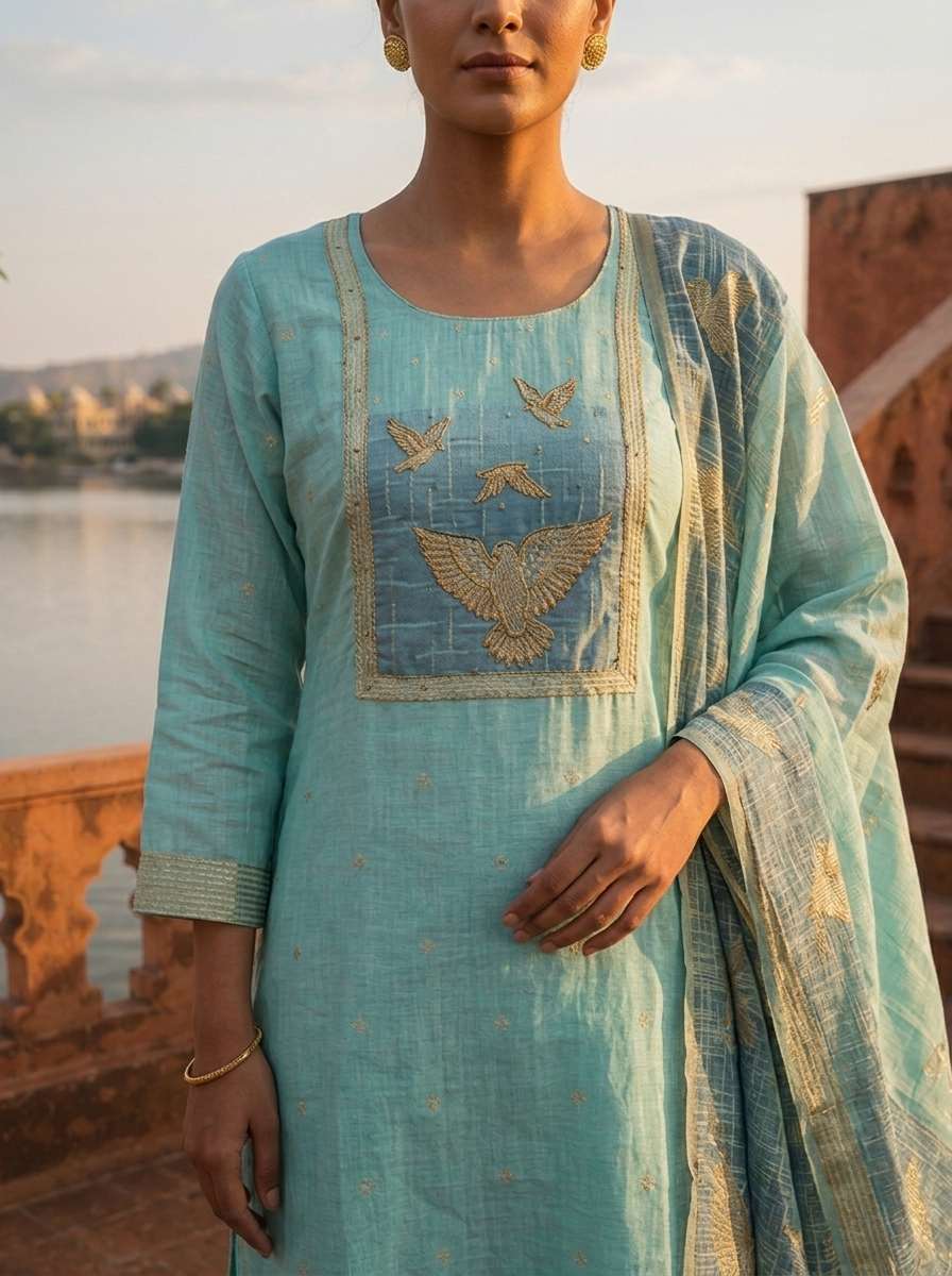 Ice Blue Chanderi Silk Golden Bird Motifs Embroidered Three Piece Set