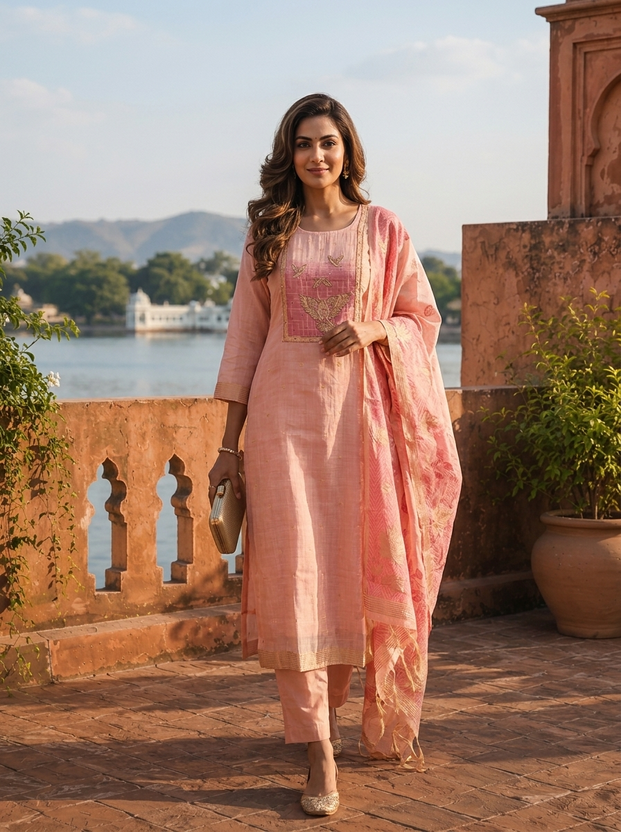 Onion Chanderi Silk Golden Bird Motifs Embroidered Three Piece Set