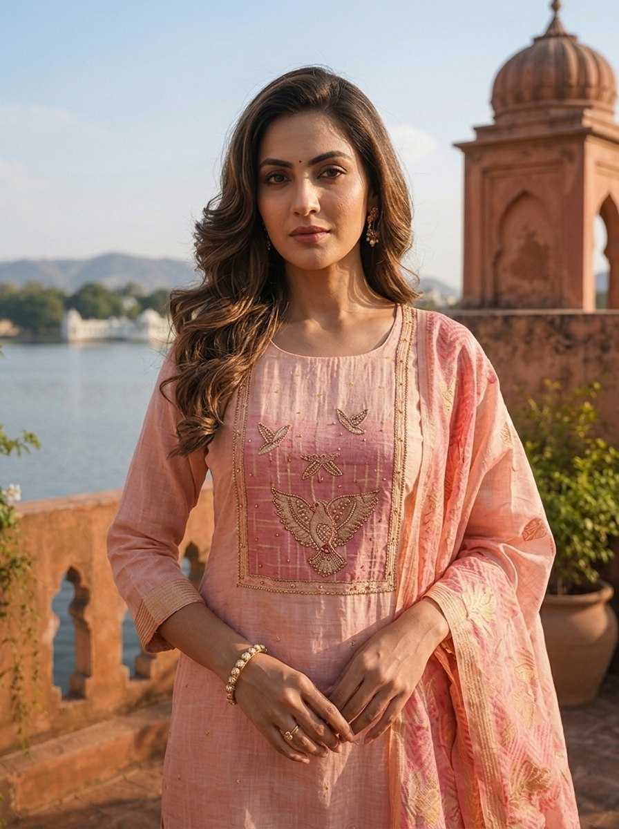 Onion Chanderi Silk Golden Bird Motifs Embroidered Three Piece Set