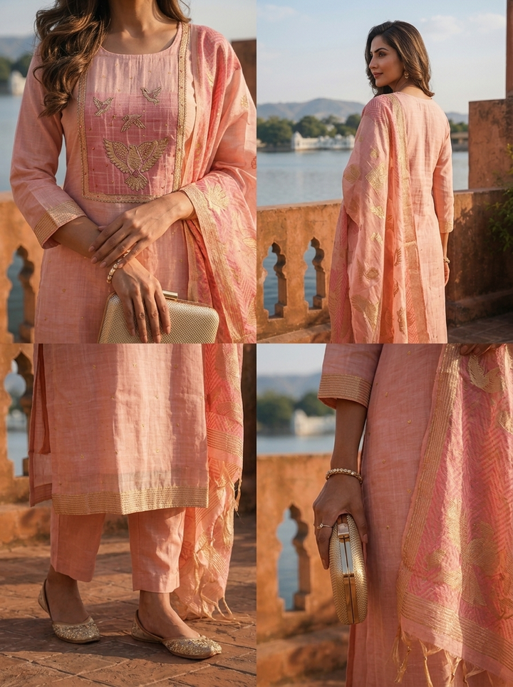 Onion Chanderi Silk Golden Bird Motifs Embroidered Three Piece Set