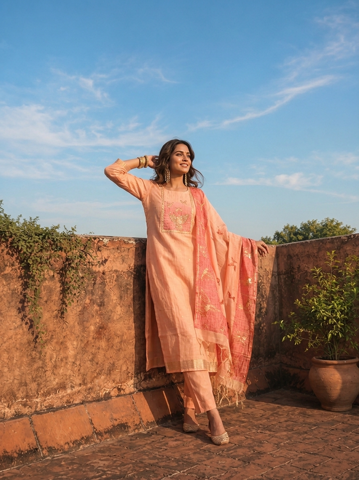 Peach Chanderi Silk Golden Bird Motifs Embroidered Three Piece Set