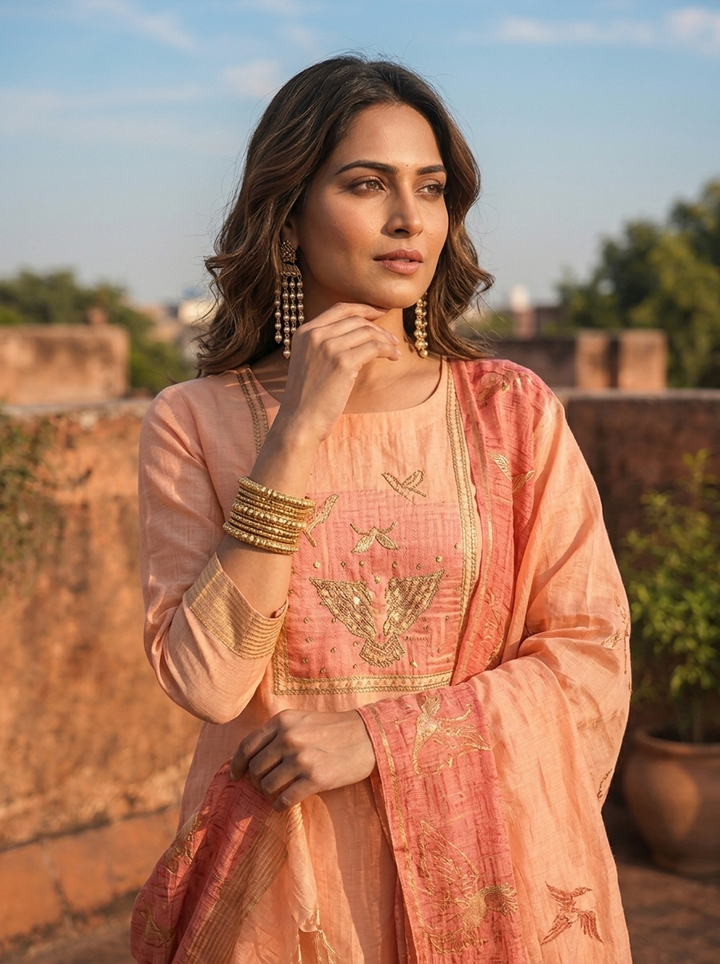 Peach Chanderi Silk Golden Bird Motifs Embroidered Three Piece Set