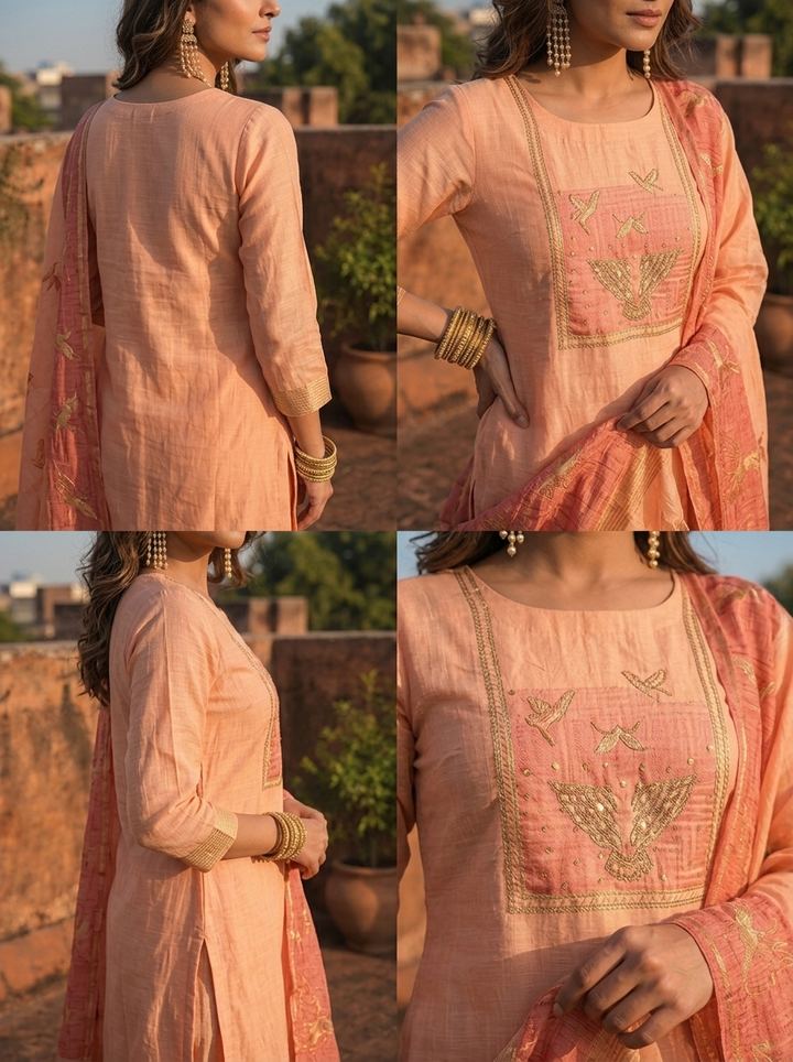 Peach Chanderi Silk Golden Bird Motifs Embroidered Three Piece Set