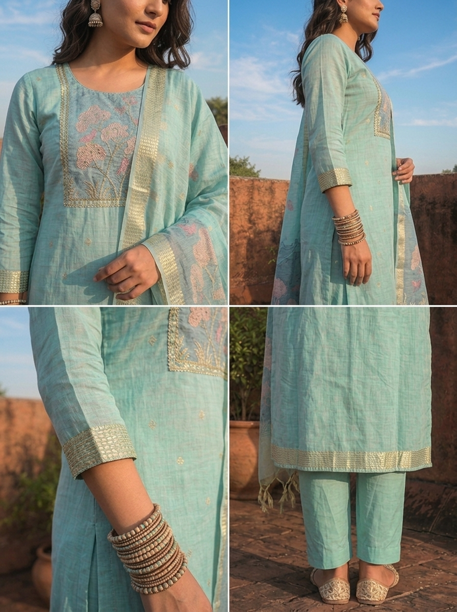 Ice Blue Chanderi Silk Golden Tree And Bird Woven Motif Embroidered Three Piece Set