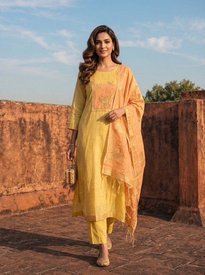 Yellow Chanderi Silk Golden Bird Motifs Embroidered Three Piece Set