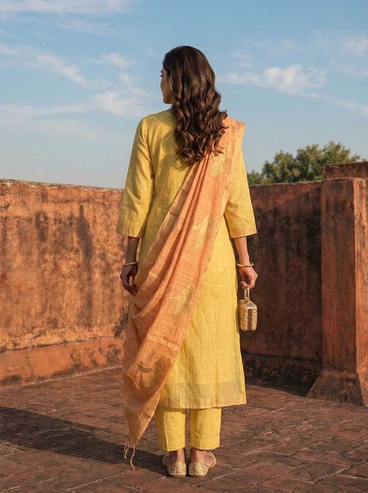 Yellow Chanderi Silk Golden Bird Motifs Embroidered Three Piece Set
