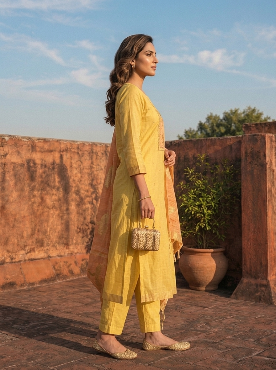 Yellow Chanderi Silk Golden Bird Motifs Embroidered Three Piece Set