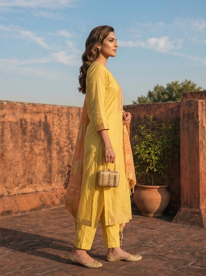 Yellow Chanderi Silk Golden Bird Motifs Embroidered Three Piece Set