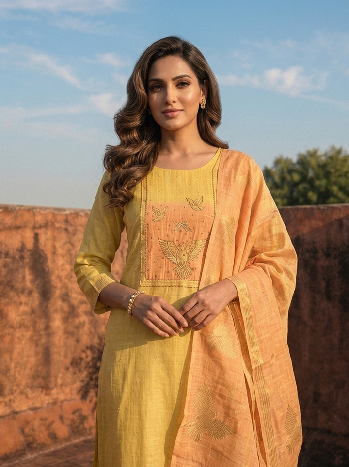 Yellow Chanderi Silk Golden Bird Motifs Embroidered Three Piece Set
