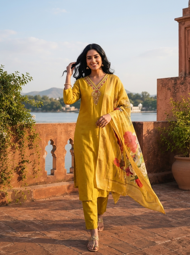 Green Rayon Stone And Thread Embroidered Three Piece Set