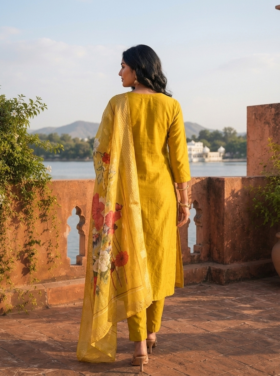 Green Rayon Stone And Thread Embroidered Three Piece Set
