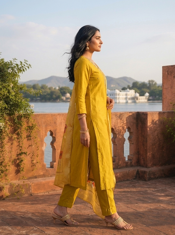 Green Rayon Stone And Thread Embroidered Three Piece Set