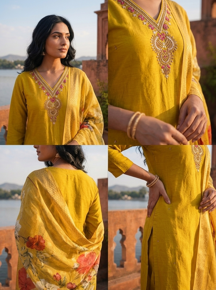 Green Rayon Stone And Thread Embroidered Three Piece Set