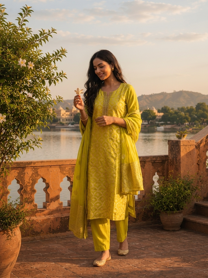 Lime Silk Zari Weaved Three Piece Set
