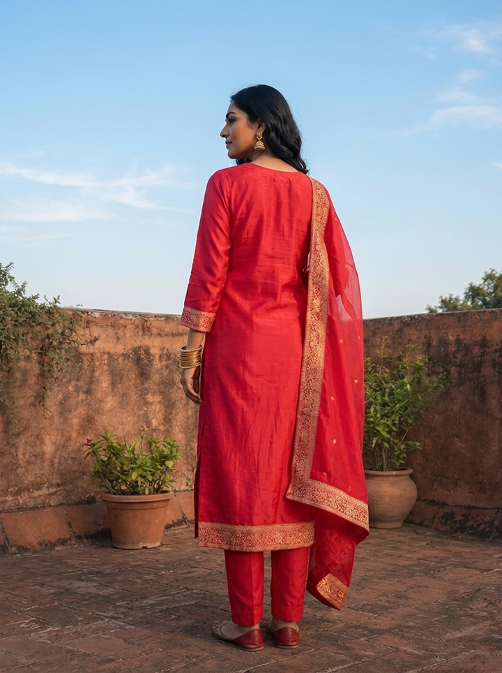 Rani Pink Silk Floral Weaved Three Piece Set