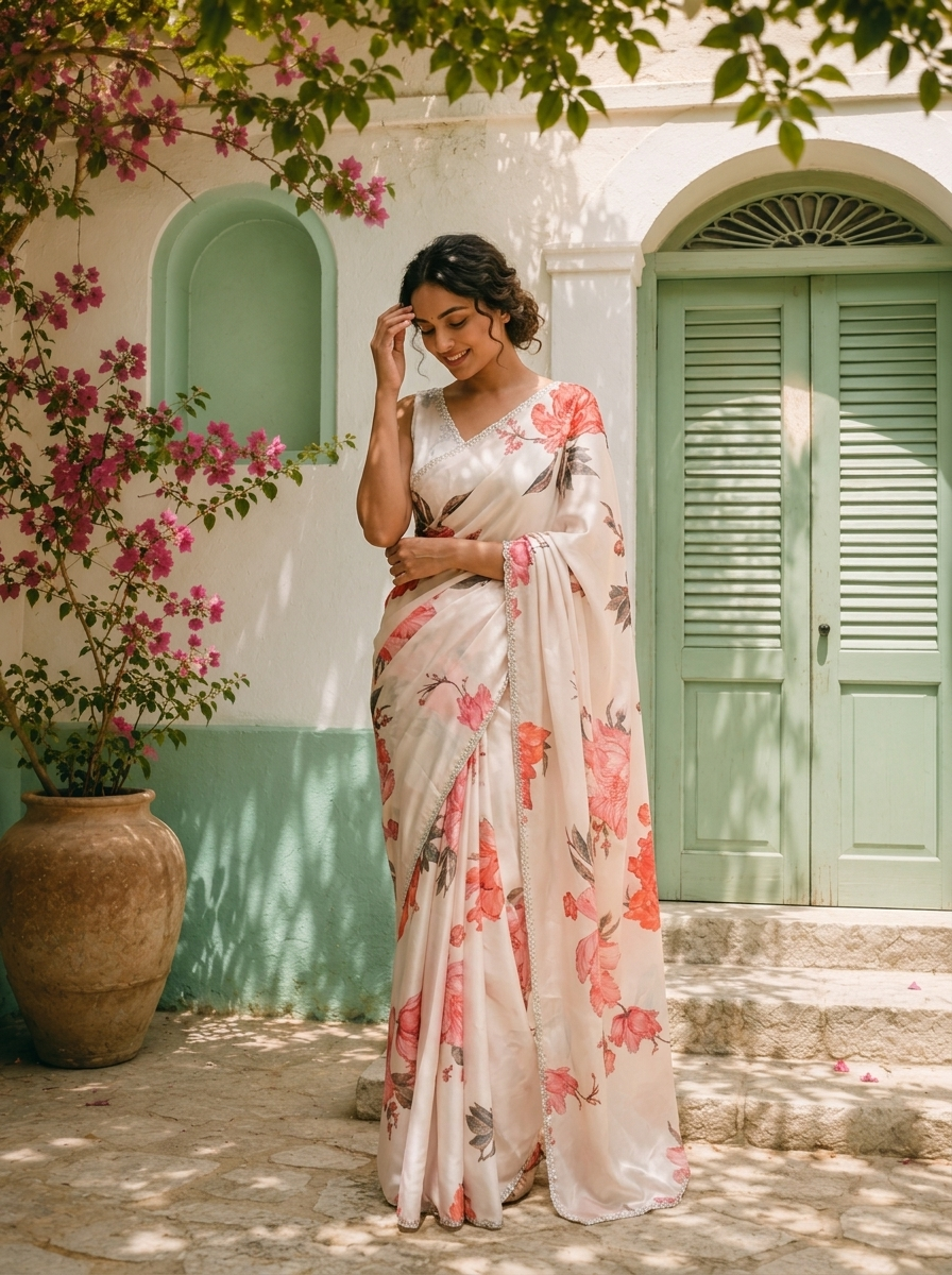 Off White Satin Lotus Floral Printed Saree