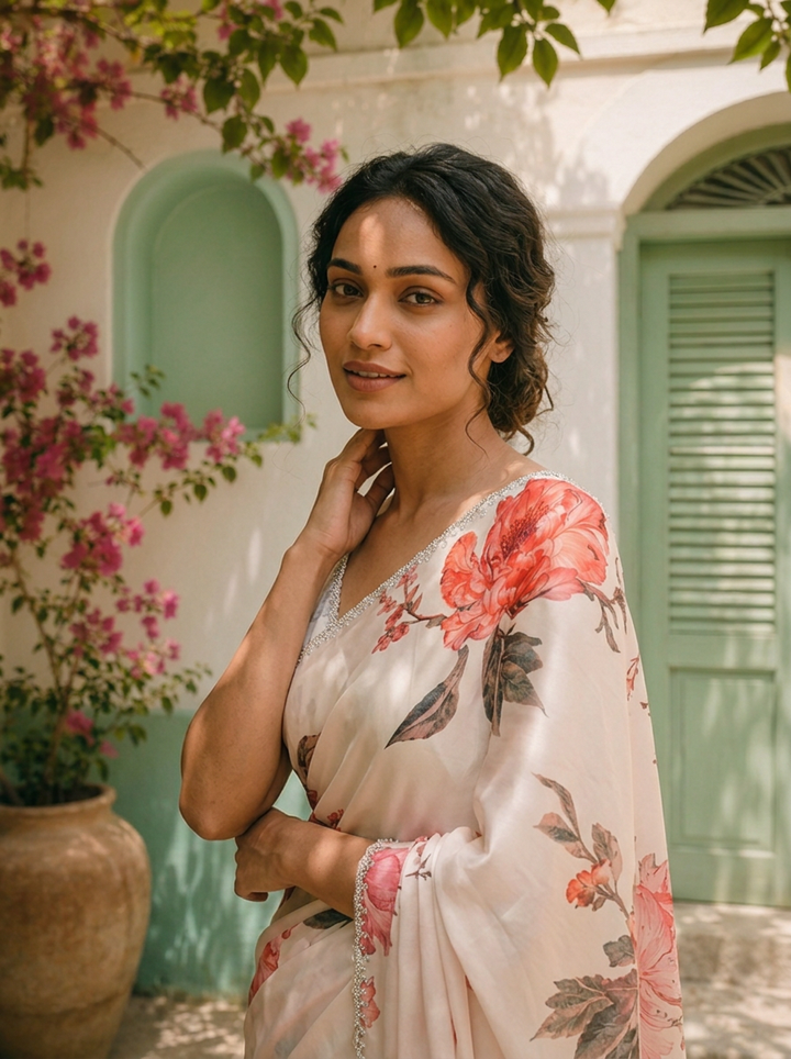 Off White Satin Lotus Floral Printed Saree