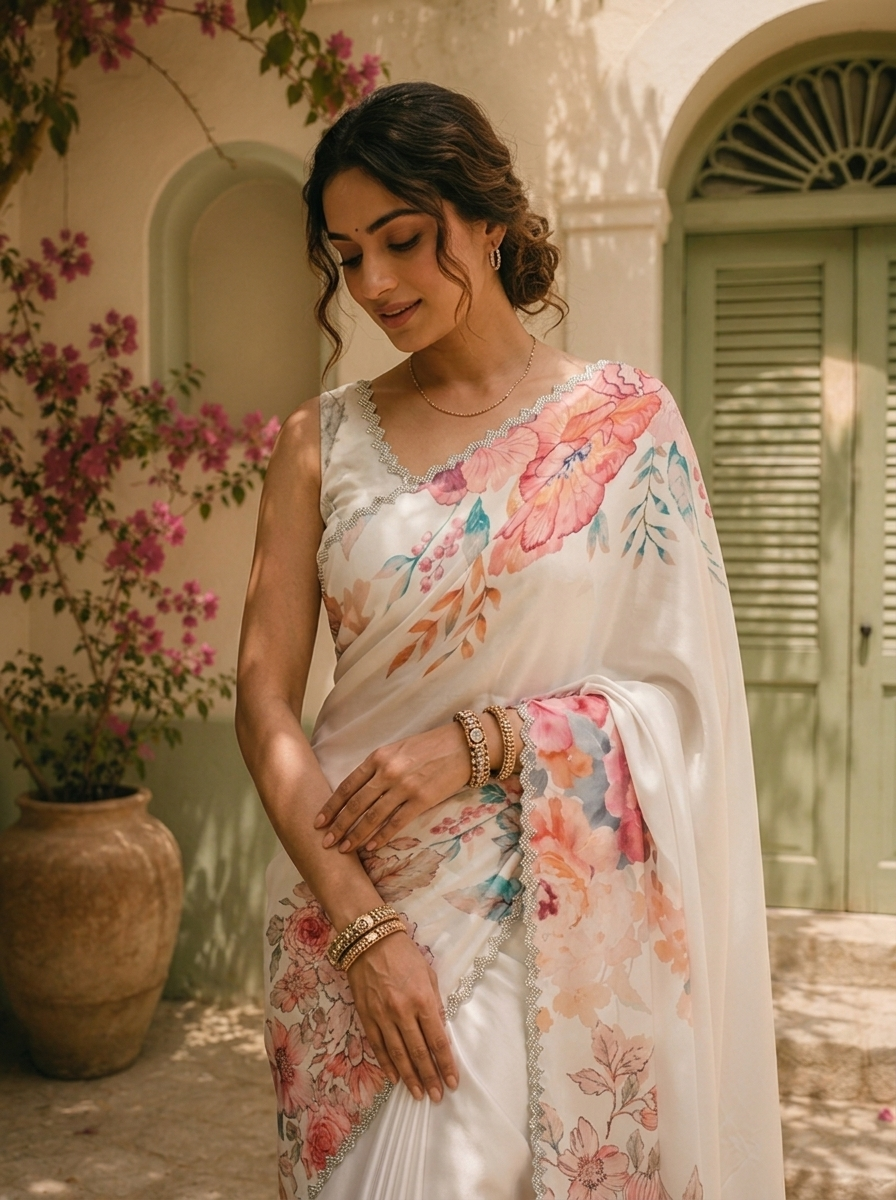 Off White Satin Digital Watercolor Floral Printed Saree