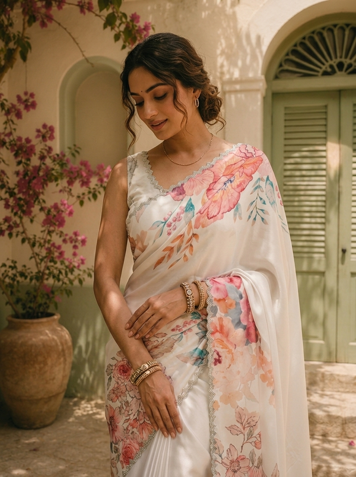 Off White Satin Digital Watercolor Floral Printed Saree