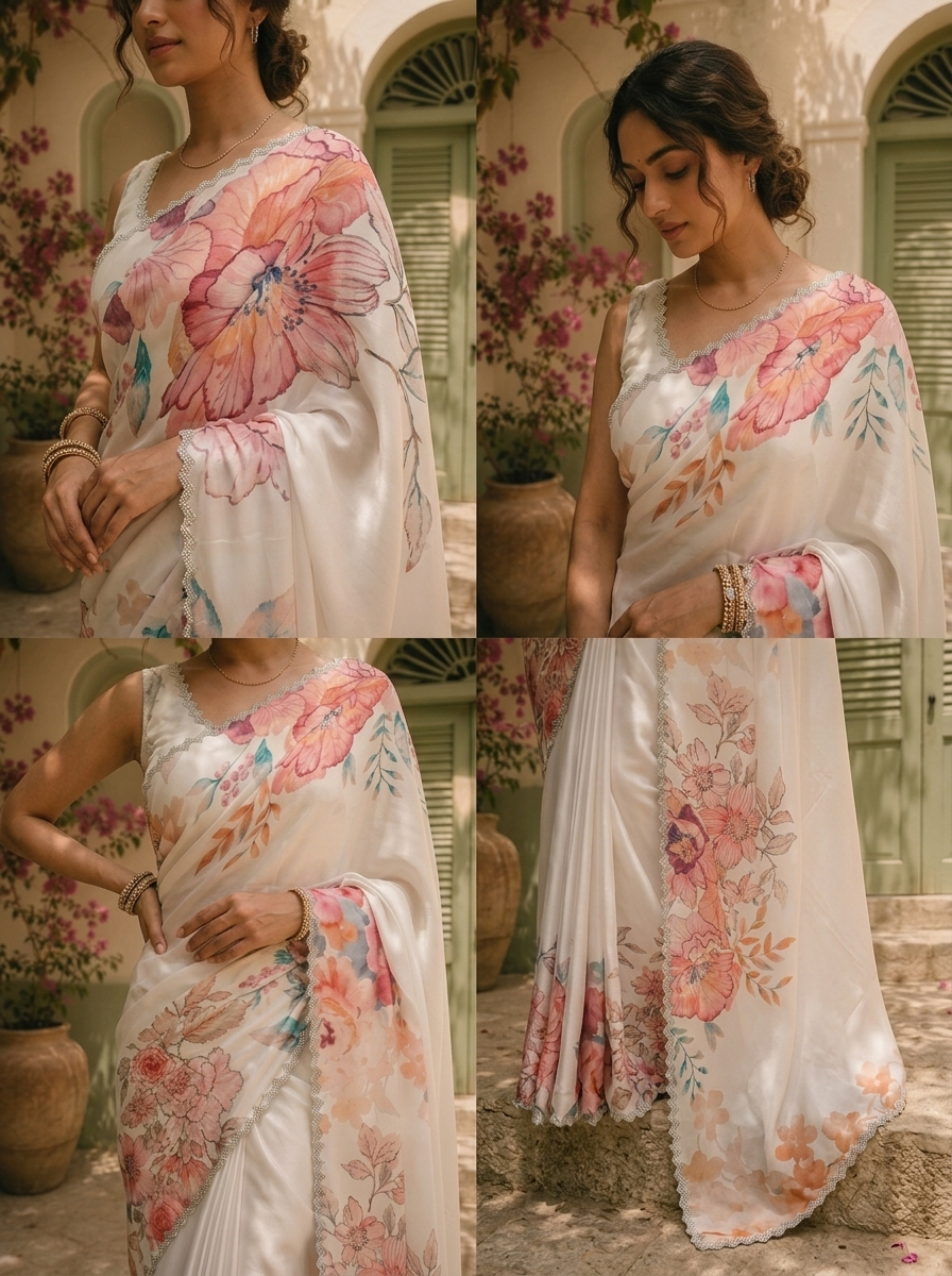 Off White Satin Digital Watercolor Floral Printed Saree