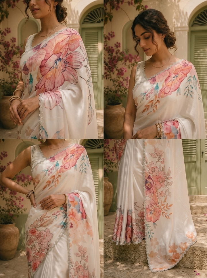 Off White Satin Digital Watercolor Floral Printed Saree