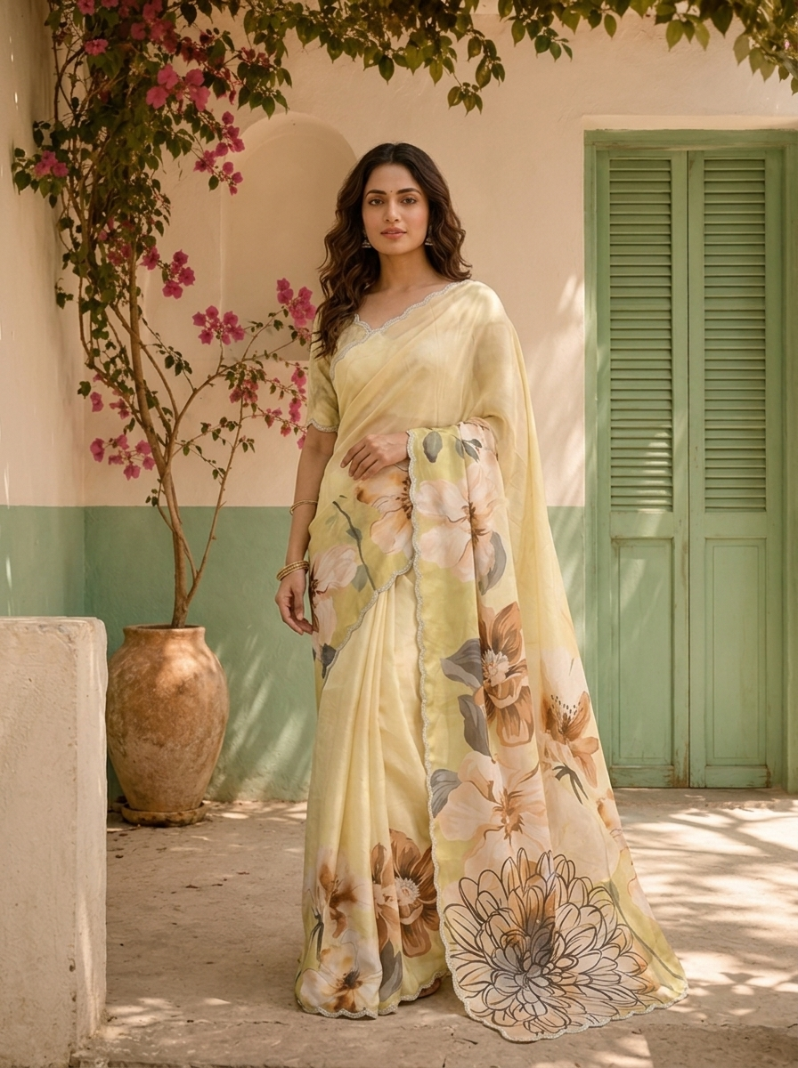 Pista Green Satin Large Digital Floral Printed Saree