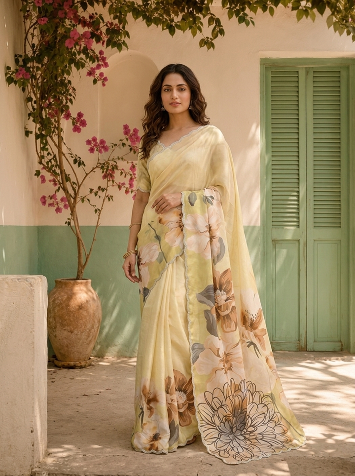 Pista Green Satin Large Digital Floral Printed Saree
