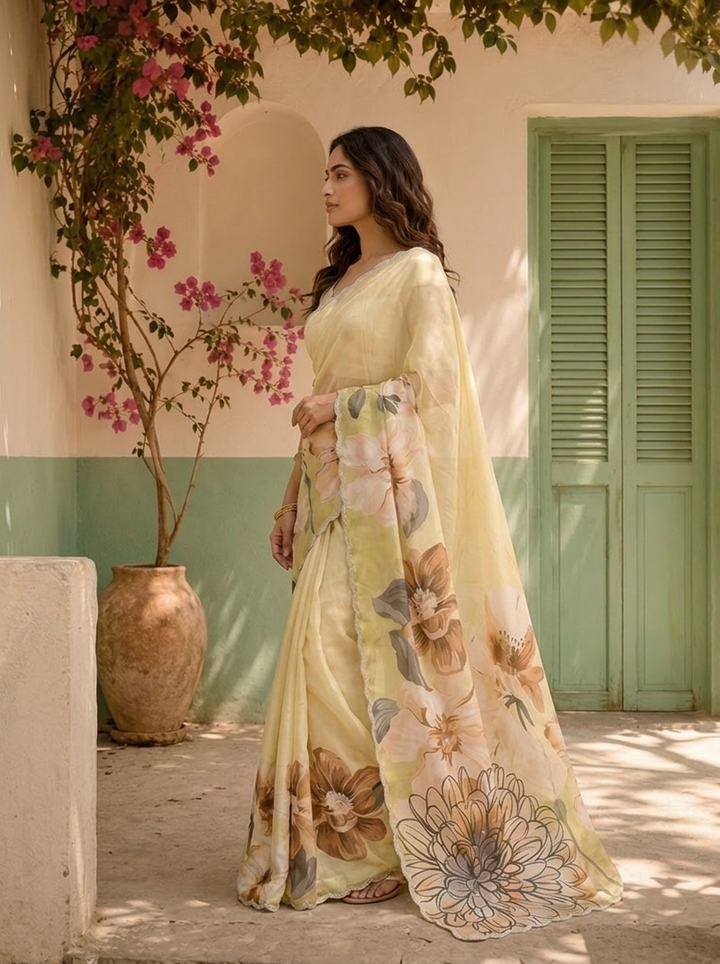 Pista Green Satin Large Digital Floral Printed Saree