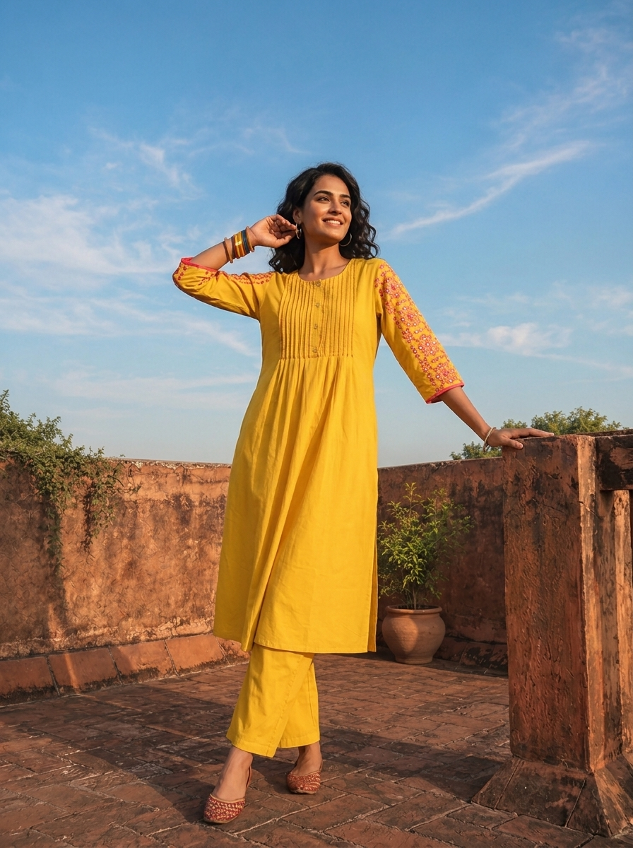 Mustard Cotton Solid With Thread Embroidered Two Piece Set