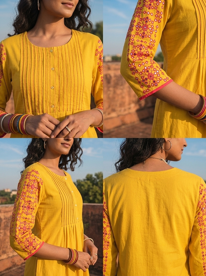 Mustard Cotton Solid With Thread Embroidered Two Piece Set