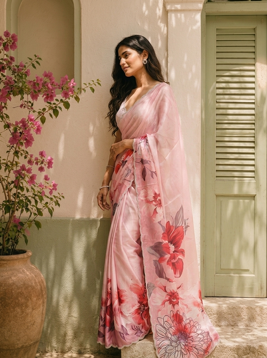 Peach Satin Large Digital Floral Printed Saree