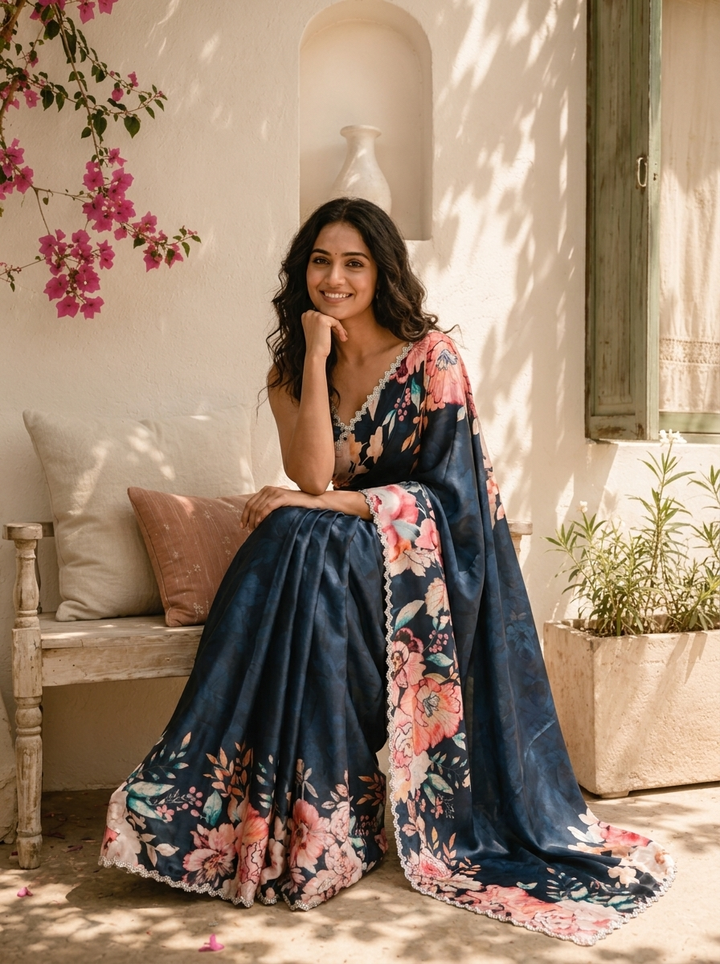 Navy Blue Satin Digital Watercolor Floral Printed Saree