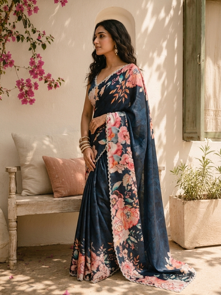 Navy Blue Satin Digital Watercolor Floral Printed Saree