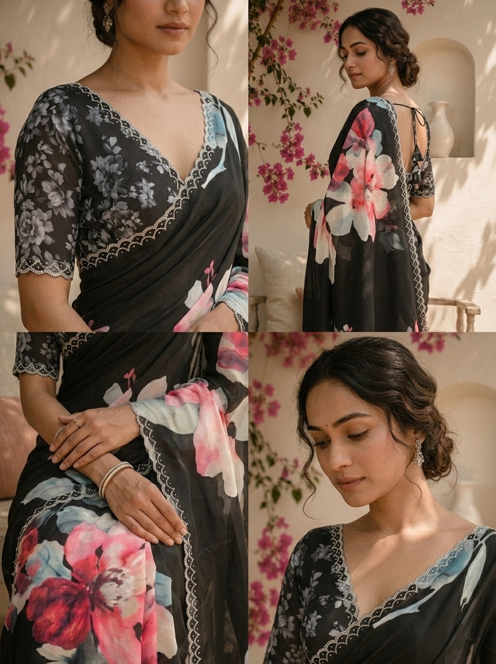 Black Satin Watercolor Floral Digital Printed Saree