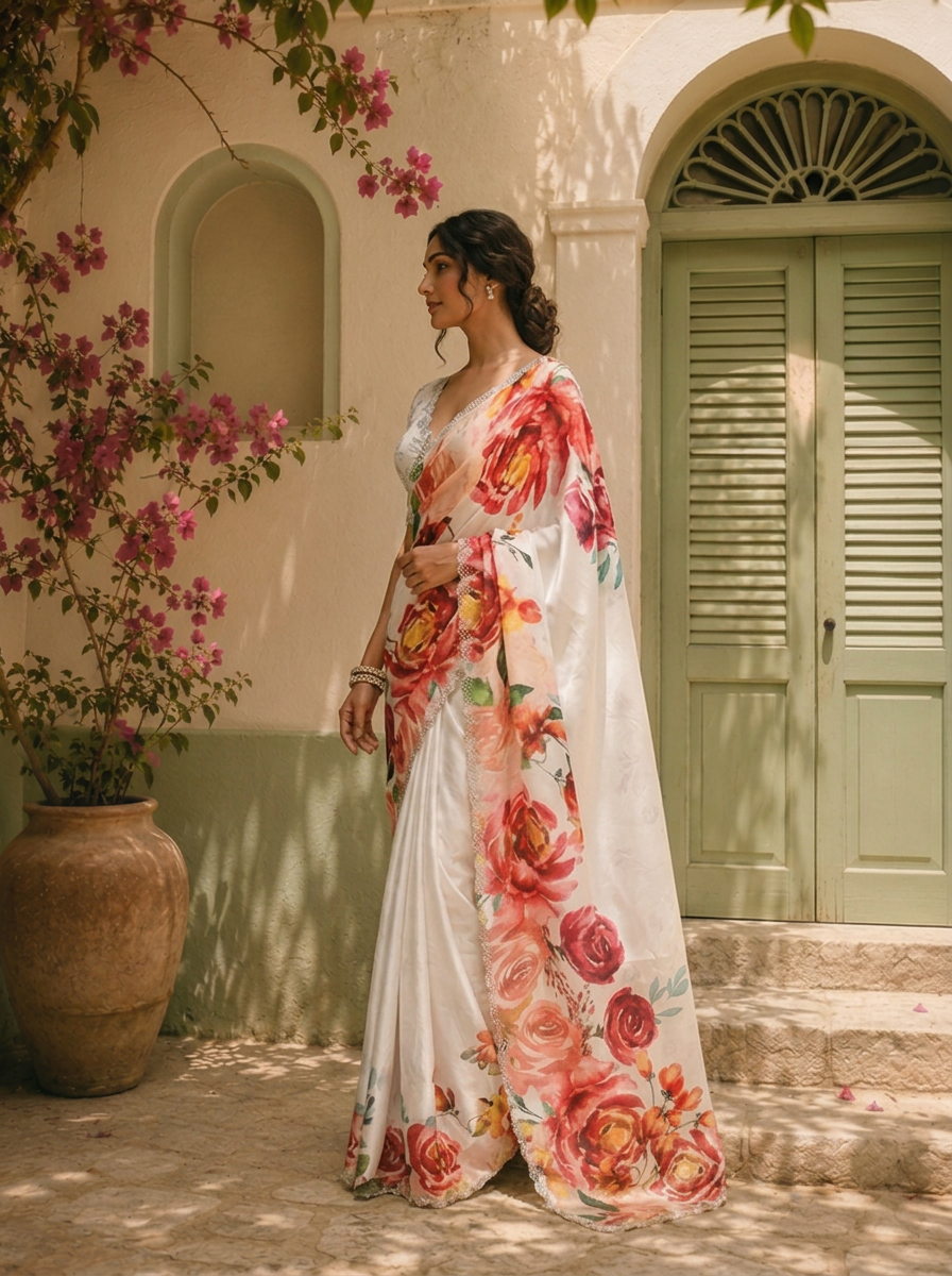 Off White Satin Digital Watercolor Floral Printed Saree
