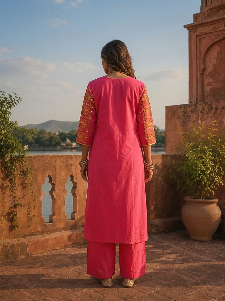 Rani Pink Cotton Solid With Thread Embroidered Two Piece Set