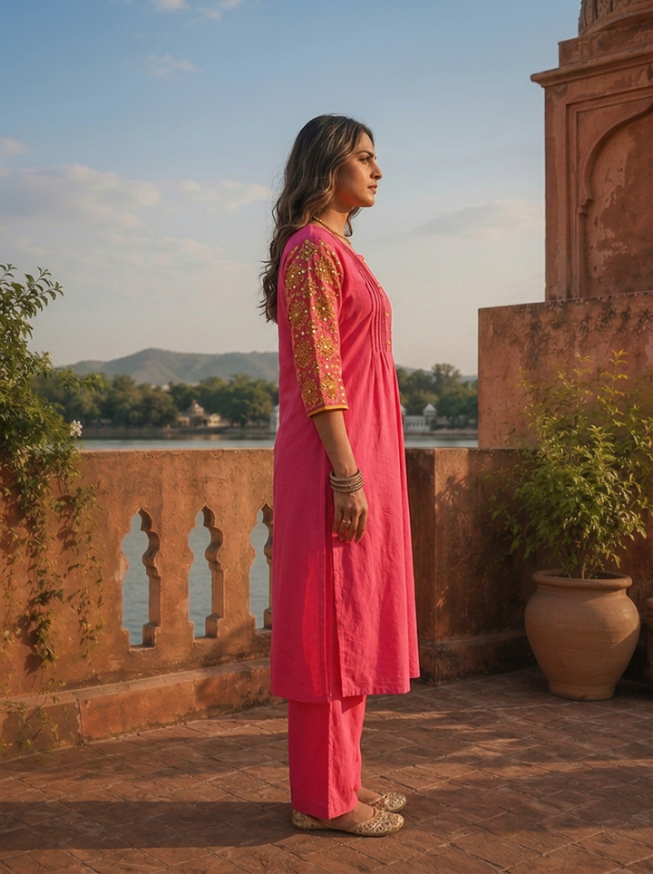 Rani Pink Cotton Solid With Thread Embroidered Two Piece Set