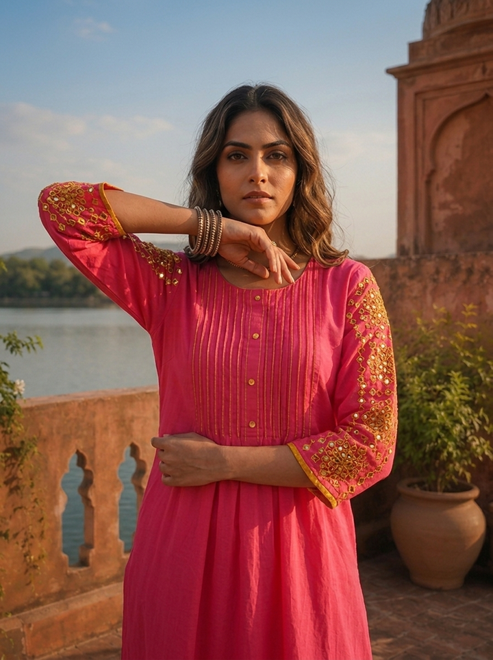 Rani Pink Cotton Solid With Thread Embroidered Two Piece Set