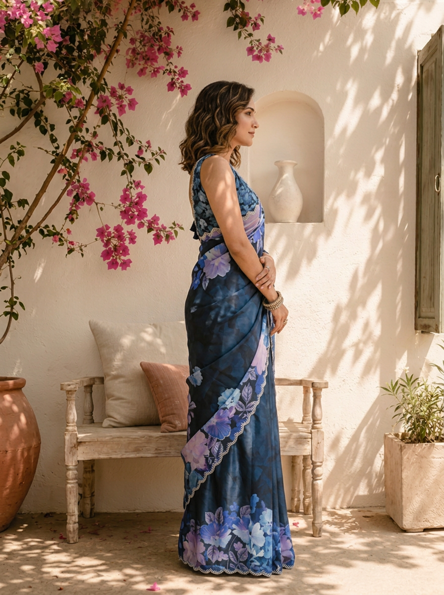Blue Satin Large Floral Printed Saree